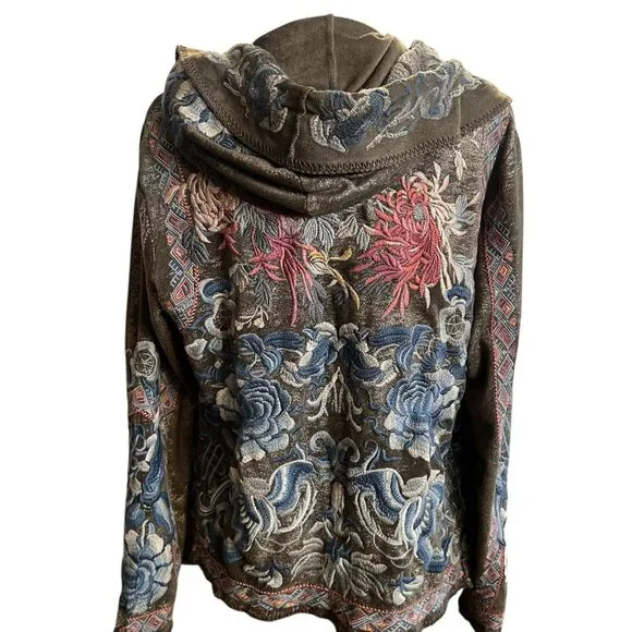 Pre owned Johnny Was BIYA Srika Khaki Green Shimmer Sueded Embroidered Hoodie - Picture 5 of 16